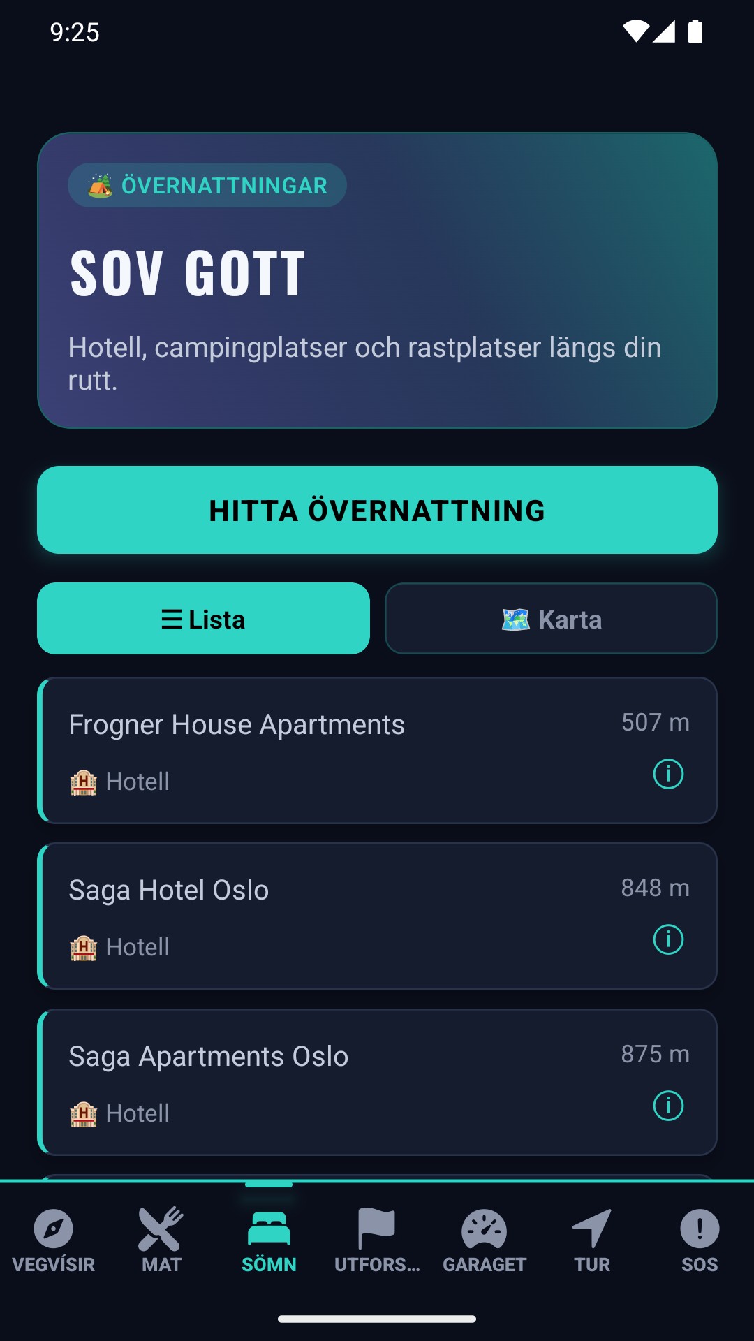 Övernattningsskärm — hotell, campingplatser och rastplatser i närheten